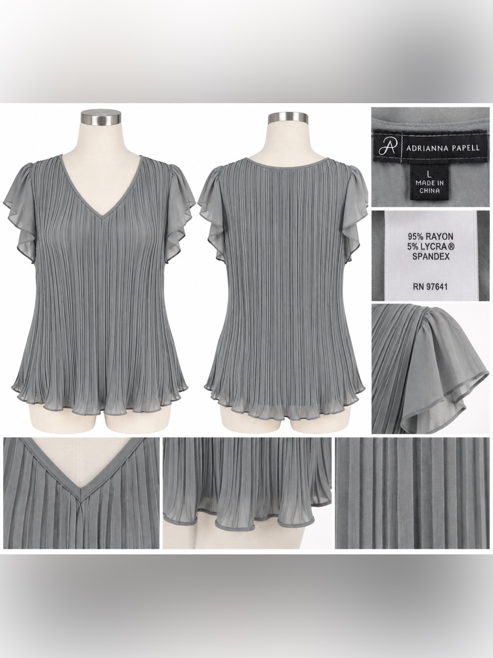 Adrianna Papell Pleated Blouse Gray Ruffle Sleeve V Neck Top L